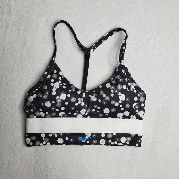 Nike Dri-Fit Indy Black & White Floral Print Swoosh Logo Racerback Sports Bra - Picture 3 of 7